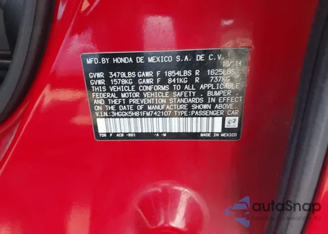 2015 Honda Fit Ex/Ex-L from USA, damaged, VIN 3HGGK5H81FM742107